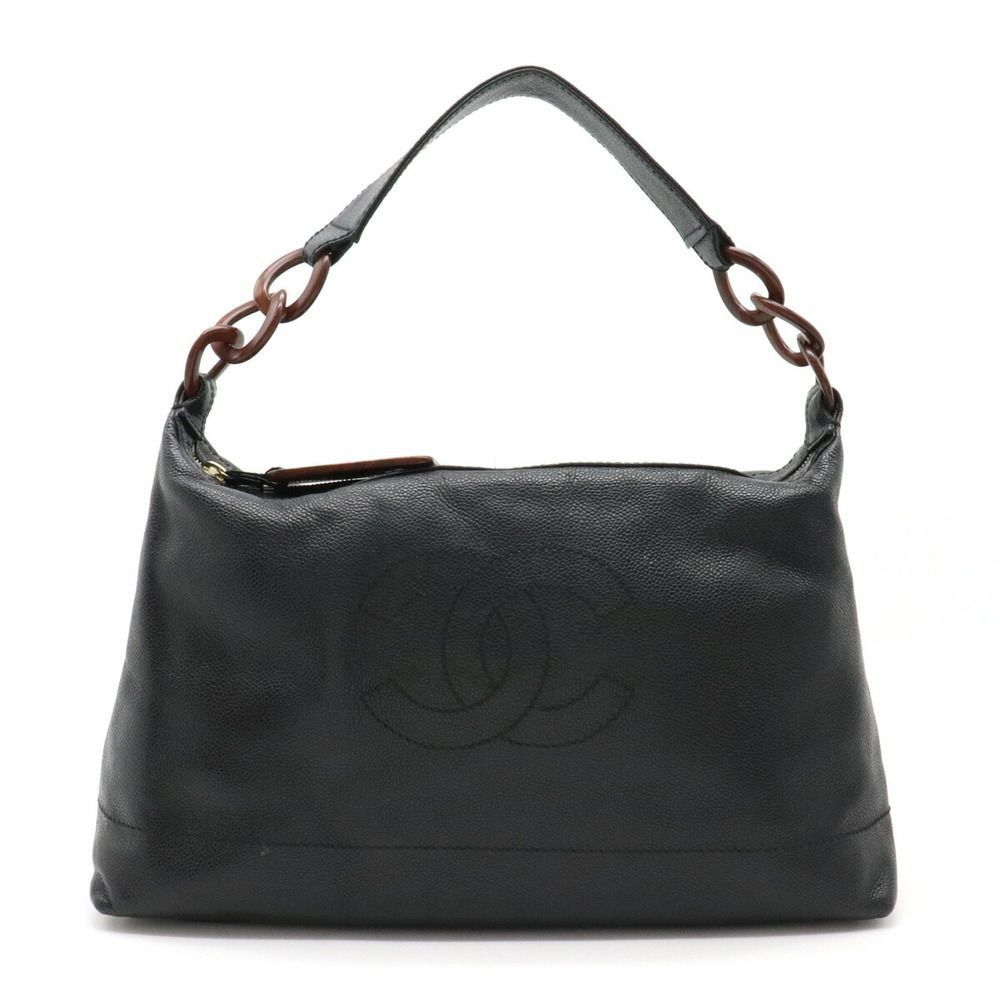 Chanel Wood Chain Shoulder Bag Shawl Caviar Skin Leather Black